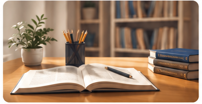 Study desk with books and pencils